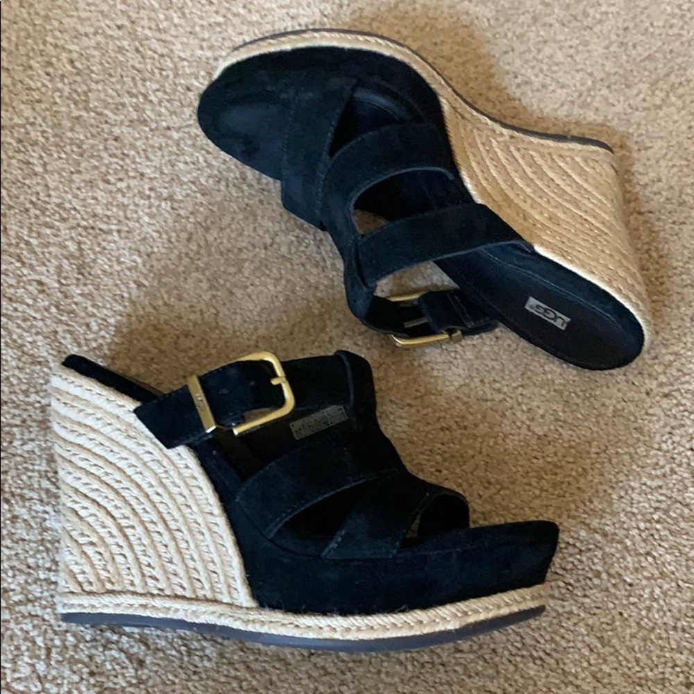 UGG Black Suede Wedge Sandals